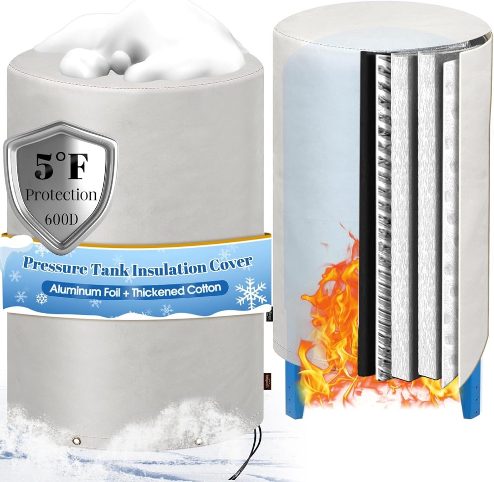 Insulated Well Pressure Tank Cover Aluminum Foil (5℉) - 28"W x 44"H Industrial 600D Outdoor Well Water Tank Insulation Blanket, Anti-UV Winter-Freeze Water Well Pump Cover, Gray