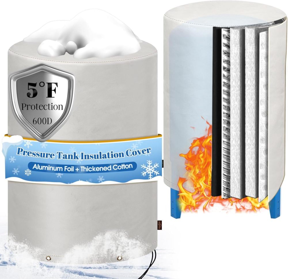Insulated Well Pressure Tank Cover Aluminum Foil (5℉) - 24"D x 34"H Industrial 600D Outdoor Well Water Tank Insulation Blanket, Anti-UV Winter-Freeze Water Well Pump Cover, Gray
