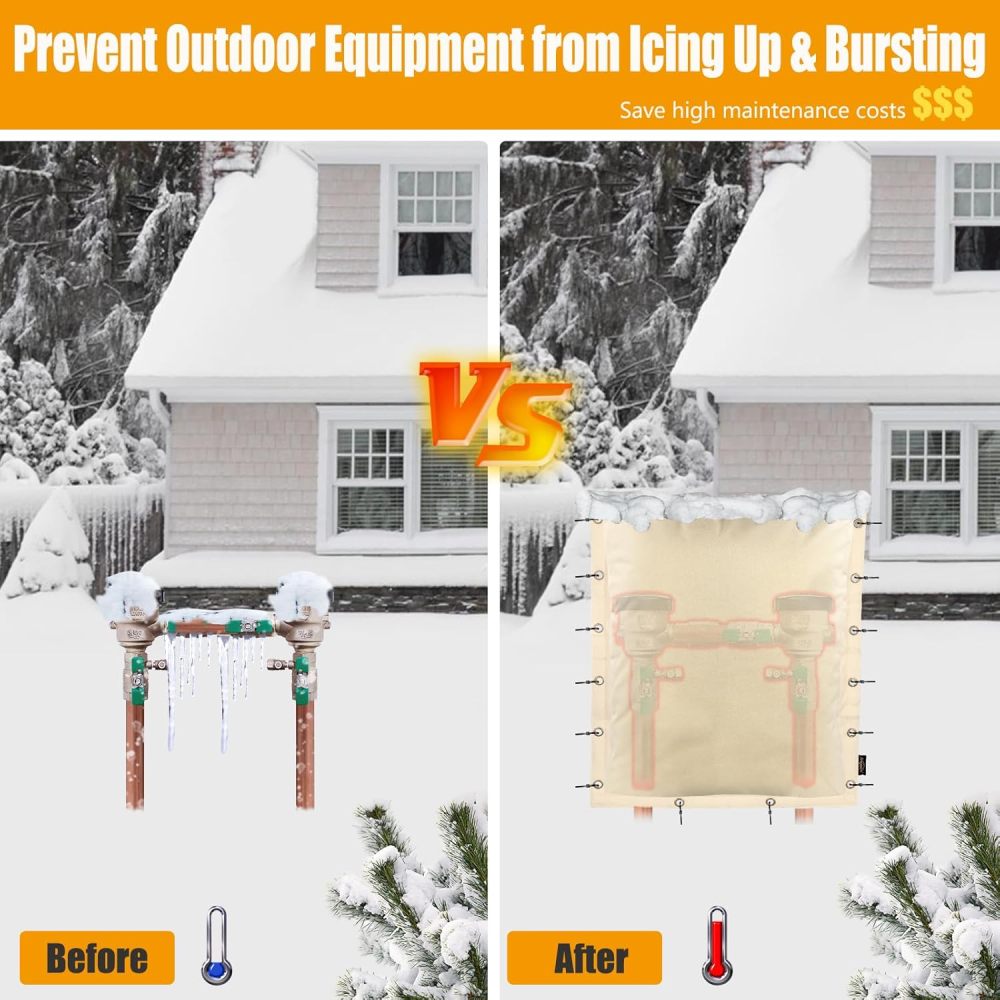 Upgraded 14" W x 18" H Backflow Insulation Cover Aluminum Foil (5℉) - 3-Way Opening Industrial 600D Winter-Freeze Backflow Covers for Outside, Anti-UV Water Well Pump Cover, Beige