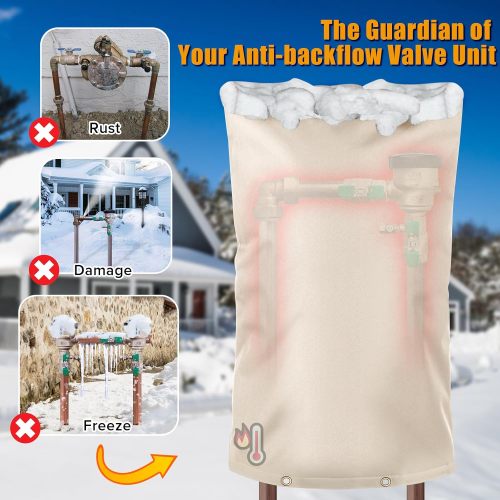 Upgraded 18"W x 34"H Backflow Preventer Cover Aluminum Foil (5℉) - Industrial 600D Winter Sprinkler Valve Covers for Outside, Anti-UV Winter-Freeze Water Well Pump Cover, Beige…