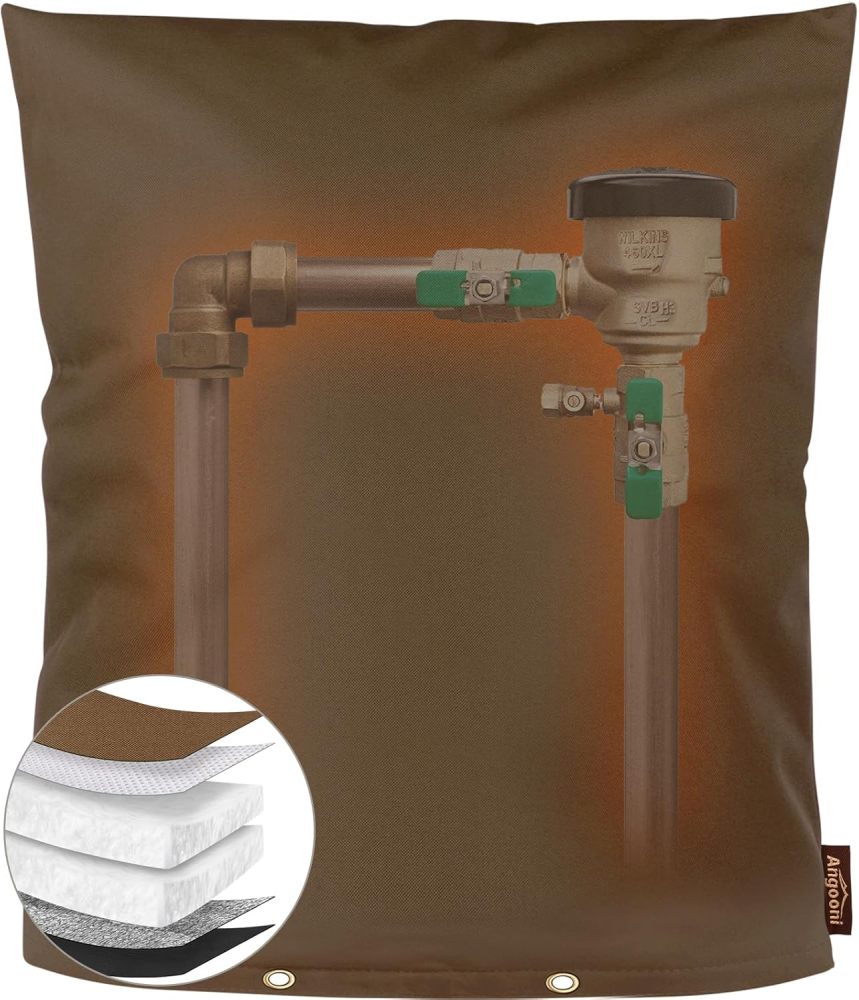 Upgraded Backflow Preventer Cover Aluminum Foil (5℉) - 14"W x 18"H Industrial 600D Winter Sprinkler Valve Covers for Outside, Anti-UV Winter-Freeze Water Well Pump Cover, Brown
