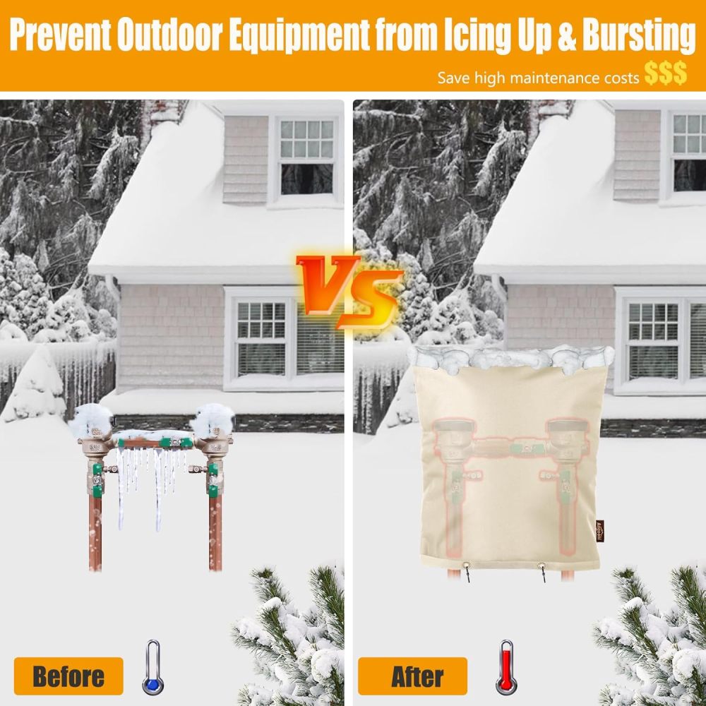 Upgraded Backflow Preventer Cover Aluminum Foil (5℉) - 16"W x 20"H Industrial 600D Winter Sprinkler Valve Covers for Outside, Anti-UV Winter-Freeze Water Well Pump Cover, Beige