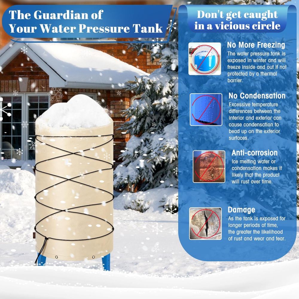 Insulated Well Pressure Tank Cover Aluminum Foil (5℉) - 16"D x 32"H Industrial 600D Outdoor Well Water Tank Insulation Blanket, Anti-UV Winter-Freeze Water Well Pump Cover, Beige