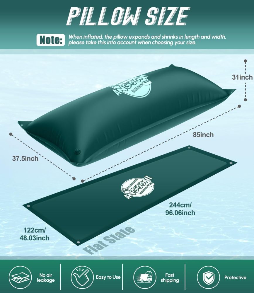 2 Pack 4x8FT Heavy-Duty Green Pool Pillow with Sturdy Ropes - 0.4mm Thick PVC Pool Pillows for Winter with Boston Dual-Inflation Valve - Pool Pillows for Above Ground Pools, No Leakage