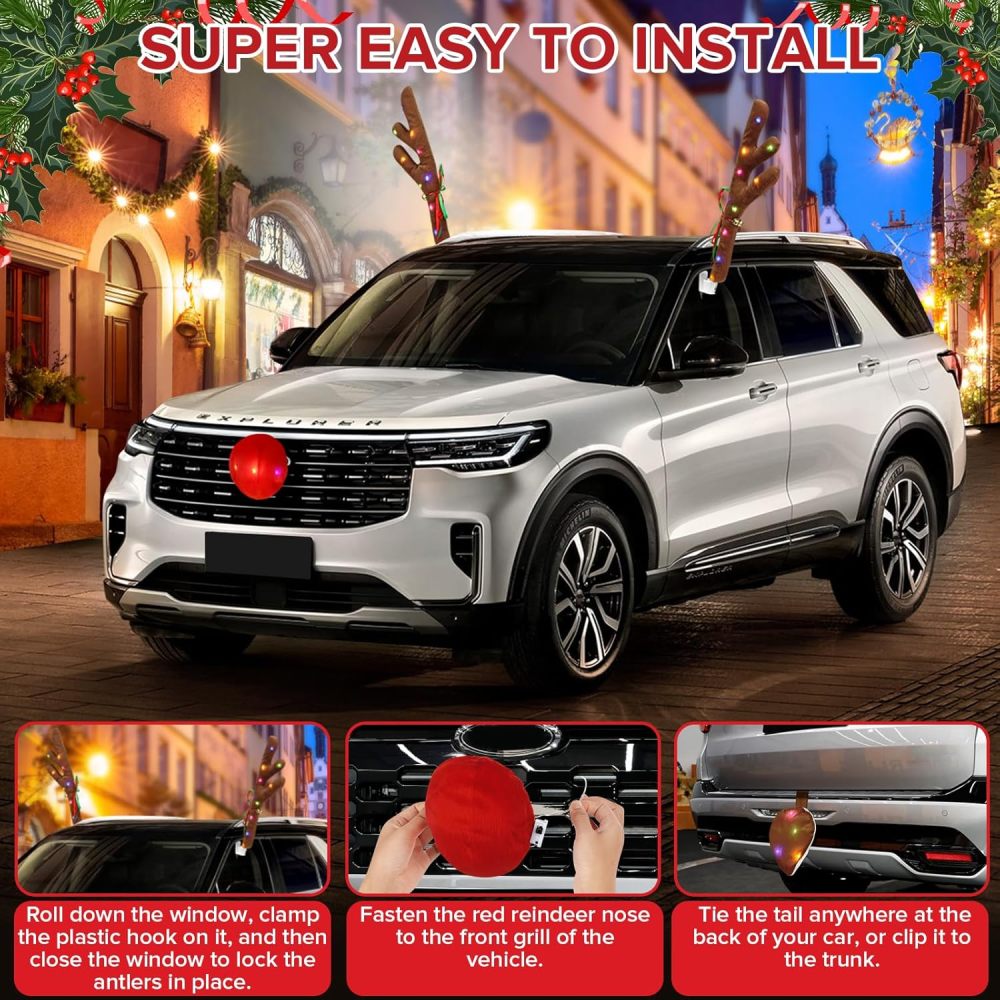 Charming Christmas Car Decoration, Festive Reindeer Car Kit, LED Reindeer Christmas Decoration for Car, Nice Gift for Families & Friends, Suitable for Jeeps, Trucks, Golf Carts...