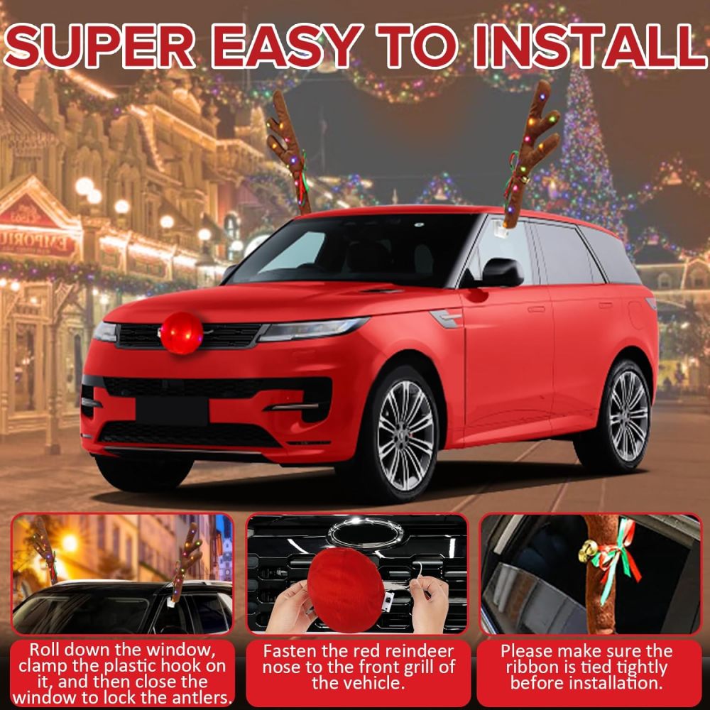 Charming Christmas Car Decoration, Festive Reindeer Car Kit, Car Reindeer Antlers & Nose, Christmas Lights for Car, Nice Gift for Families & Friends, Suitable for Jeeps, Trucks, Golf Carts...