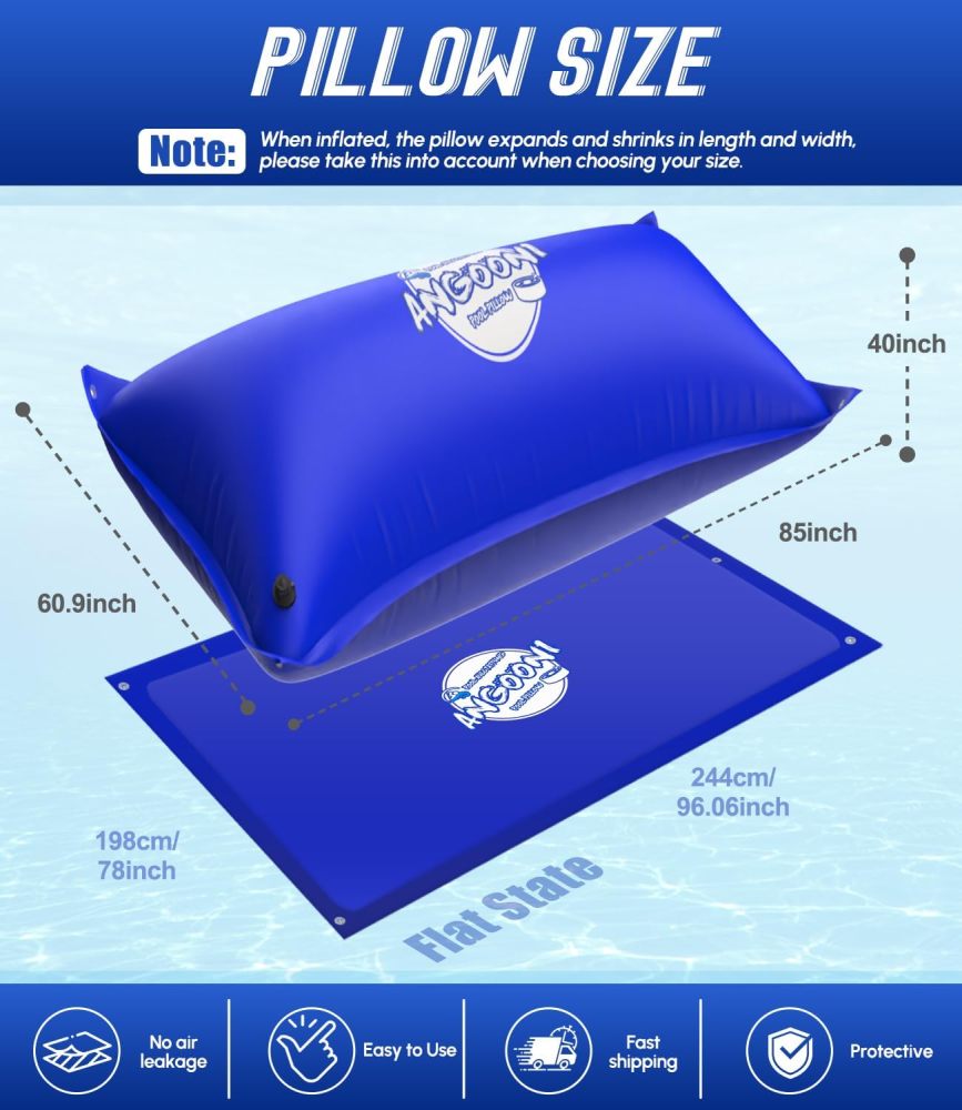 6.5x8FT Heavy-Duty Pool Pillow with Sturdy Ropes - 0.4mm Thick PVC Pool Pillows for Winter with Boston Dual-Inflation Valve - Pool Closing Pillow for Above Ground Pools, No Leakage