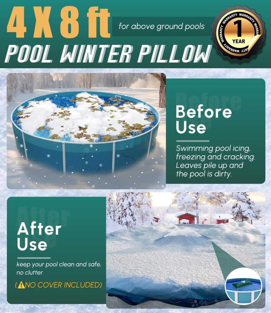 4x8FT Heavy-Duty Green Pool Pillow with Sturdy Ropes - 0.4mm Thick PVC Pool Pillows for Winter with Boston Dual-Inflation Valve - Pool Pillows for Above Ground Pools, No Leakage