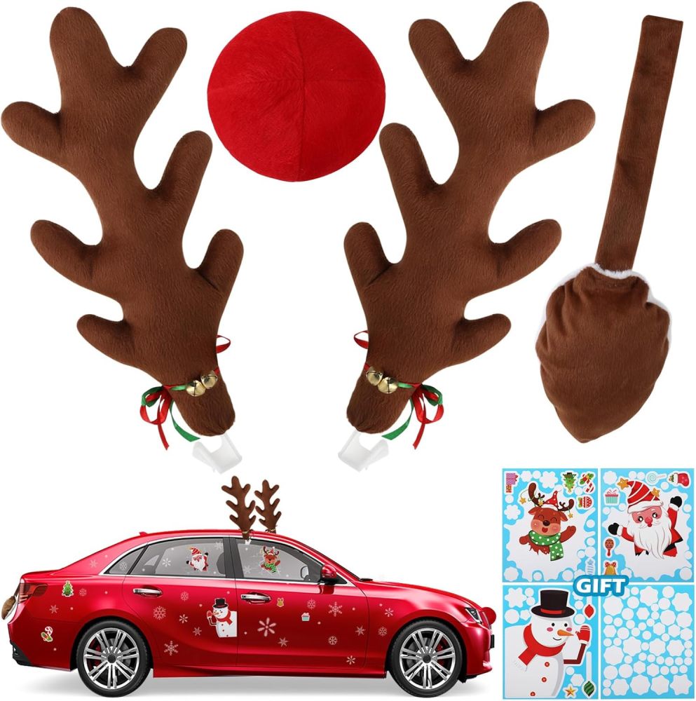 Branch-Shaped 16" Christmas Antlers for Car - Brown Christmas Reindeer Car Kit, Adorable Christmas Decorations for Car, Suitable for Jeeps, Trucks, Golf Carts..