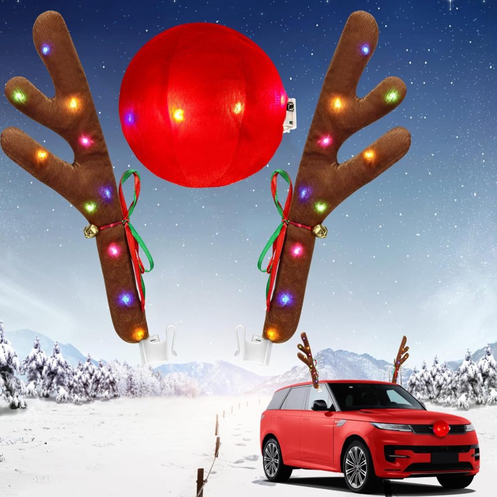 Charming Christmas Car Decoration, Festive Reindeer Car Kit, Car Reindeer Antlers & Nose, Christmas Lights for Car, Nice Gift for Families & Friends, Suitable for Jeeps, Trucks, Golf Carts...