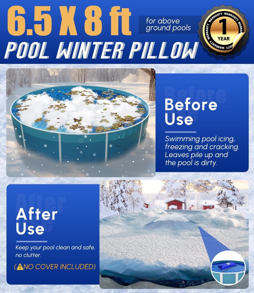 6.5x8FT Heavy-Duty Pool Pillow with Sturdy Ropes - 0.4mm Thick PVC Pool Pillows for Winter with Boston Dual-Inflation Valve - Pool Closing Pillow for Above Ground Pools, No Leakage