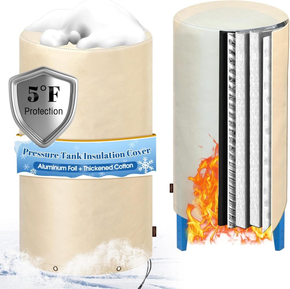 Insulated Well Pressure Tank Cover Aluminum Foil (5℉) - 16"D x 32"H Industrial 600D Outdoor Well Water Tank Insulation Blanket, Anti-UV Winter-Freeze Water Well Pump Cover, Beige