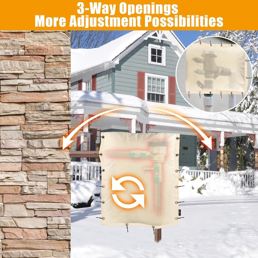 Upgraded 14" W x 18" H Backflow Insulation Cover Aluminum Foil (5℉) - 3-Way Opening Industrial 600D Winter-Freeze Backflow Covers for Outside, Anti-UV Water Well Pump Cover, Beige