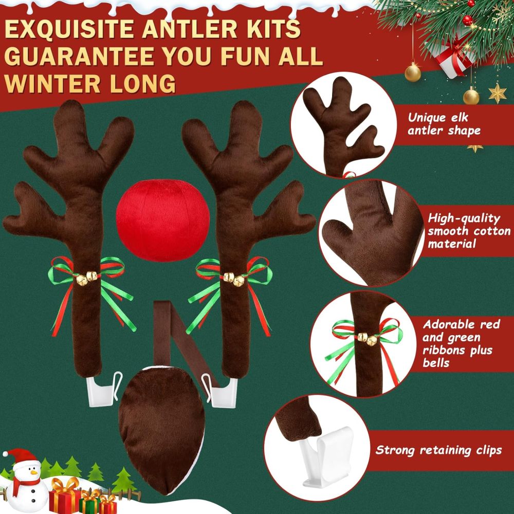 16.7 Inch Dark Brown Christmas Reindeer Car Kit - Christmas Reindeer Car Kit with 4 Adorable Car Seat Santa Hat, Christmas Decorations for Car Perfect for Various Car Models