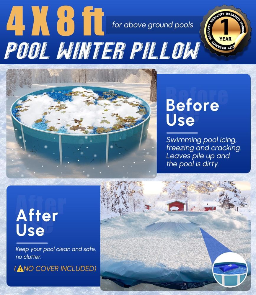 4x8FT Heavy-Duty Pool Pillow with Sturdy Ropes - 0.4mm Thick PVC Pool Pillows for Winter with Boston Dual-Inflation Valve - Pool Closing Pillow for Above Ground Pools, No Leakage(3 Pack)