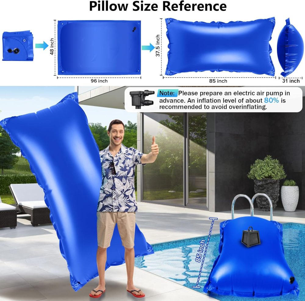 2pcs 4’x8’ Heavy-Duty Pool Pillow with 8x20ft Ropes - 0.4mm PVC Pool Pillows for Winter with Boston Dual-Inflation Valve, Cold-Resistant Pool Pillows for Above Ground Pools, No Leakage