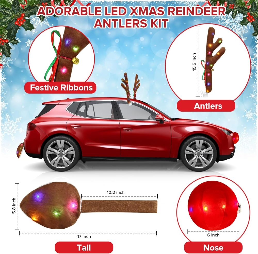 Charming Christmas Car Decoration, Festive Reindeer Car Kit, LED Reindeer Christmas Decoration for Car, Nice Gift for Families & Friends, Suitable for Jeeps, Trucks, Golf Carts...