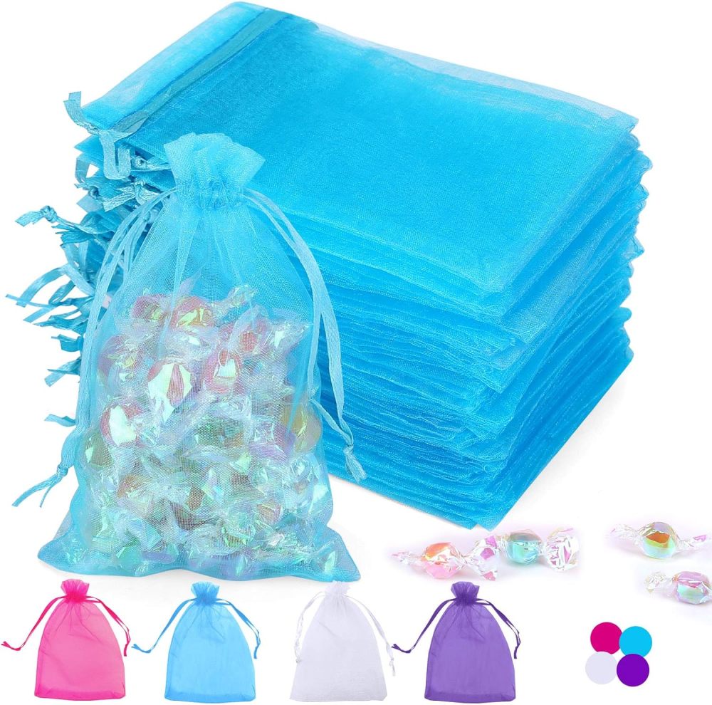100PCS Blue Sheer Organza Bags Gift Drawstring Pouch for Jewelry Party Wedding Favor Party Festival Candy Bags (4x6)