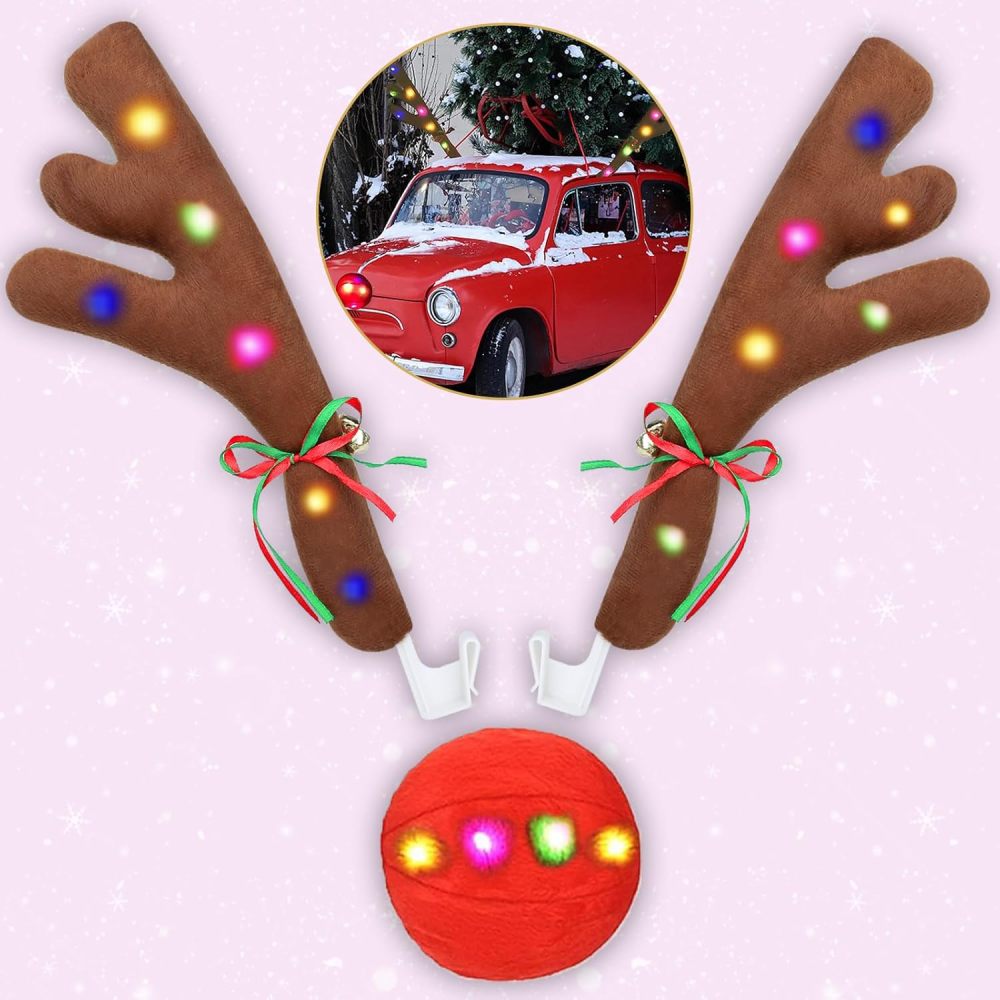 Festive LED Reindeer Car Decoration Set - 15.5in Adorable Christmas Lights and LED Reindeer for Car Decorating, Christmas Car Lights with Jingle Bells, Eye-Catching Car Reindeer LED Lights