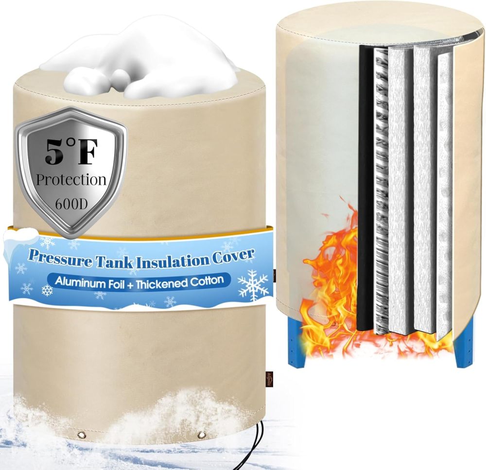 Insulated Well Pressure Tank Cover Aluminum Foil (5℉) - 24"W x 34"H Industrial 600D Outdoor Well Water Tank Insulation Blanket, Anti-UV Winter-Freeze Water Well Pump Cover, Beige