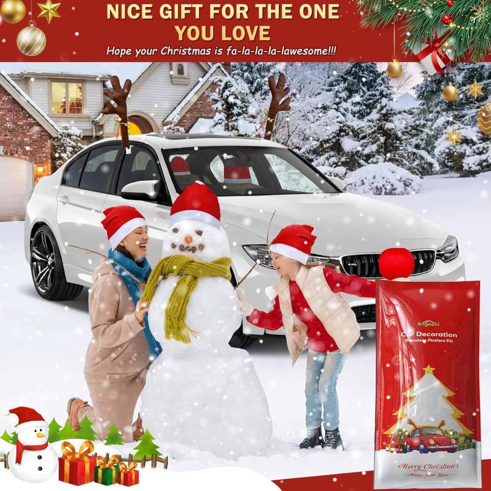 16.7 Inch Dark Brown Christmas Reindeer Car Kit - Christmas Reindeer Car Kit with 4 Adorable Car Seat Santa Hat, Christmas Decorations for Car Perfect for Various Car Models