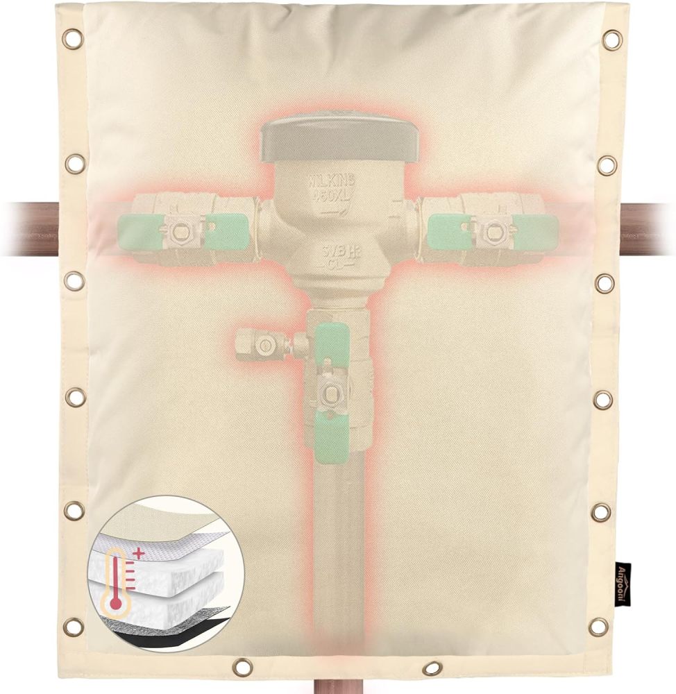 Upgraded 17" W x 20" H Backflow Insulation Cover Aluminum Foil (5℉) - 3-Way Opening Industrial 600D Winter-Freeze Backflow Covers for Outside, Anti-UV Water Well Pump Cover, Beige
