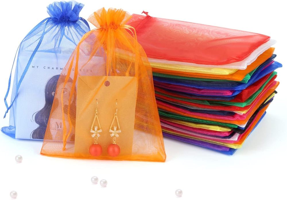 10 Colors Organza Drawstring Gift Bags for Jewelry Party Wedding Favor, 5x7 Inch Premium Mesh Tulle Bags (100 PCS)