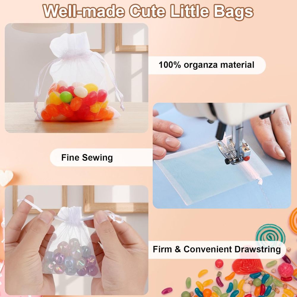 Angooni 60PCS 3x4 Inch Organza Gift Bags for Jewelry Party Wedding Favor, Premium Sheer Gift Drawstring Pouch Candy Bags(White)