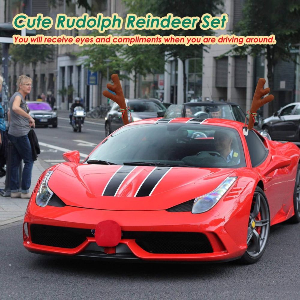 Upgraded Car Reindeer Antler Kit Christmas Rudolph Auto Decorations, Rudolph Auto Accessories with Tail, Nose - Add Holiday Spirit