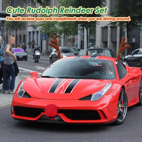 Upgraded Car Reindeer Antler Kit Christmas Rudolph Auto Decorations, Rudolph Auto Accessories with Tail, Nose - Add Holiday Spirit