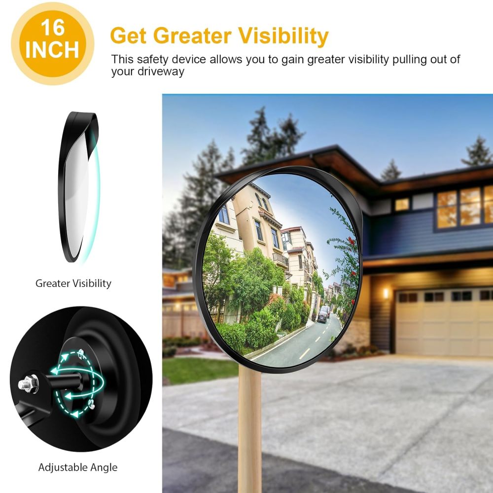 16" Convex Driveway Mirror, Upgrade Wide Angle View, Adjustable Blind Spot Mirror, Traffic Mirror, Security Mirror Indoor and Outdoor, Parabolic Safety Mirror