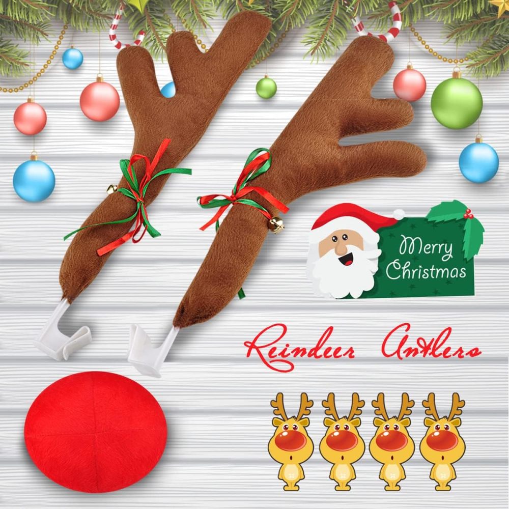 Christmas Reindeer Antlers & Nose for Car Auto Decoration, Cute Rudolph Reindeer Jingle Bell Added to Holiday Spirit(Large Size)