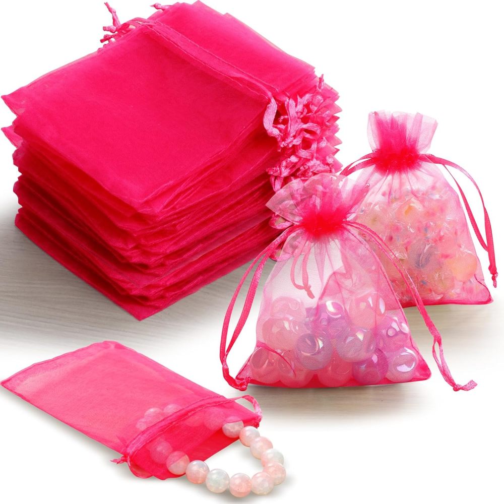 Angooni 60PCS 3x4 Inch Organza Gift Bags for Jewelry Party Wedding Favor, Premium Sheer Gift Drawstring Pouch Candy Bags(Pink)