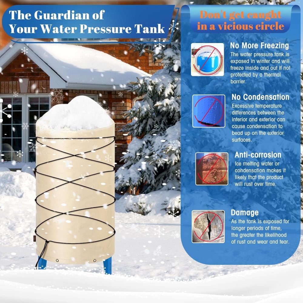 Insulated Well Pressure Tank Cover Aluminum Foil (5℉) - 28"Dia x 44"H Industrial 600D Outdoor Well Water Tank Insulation Blanket, Anti-UV Winter-Freeze Water Well Pump Cover, Beige
