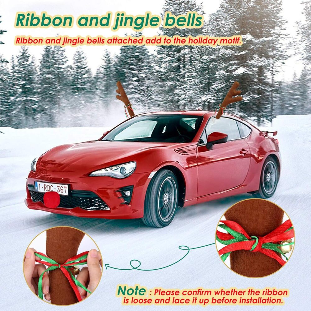 Upgraded Car Reindeer Antler Kit Christmas Rudolph Auto Decorations, Rudolph Auto Accessories with Tail, Nose - Add Holiday Spirit