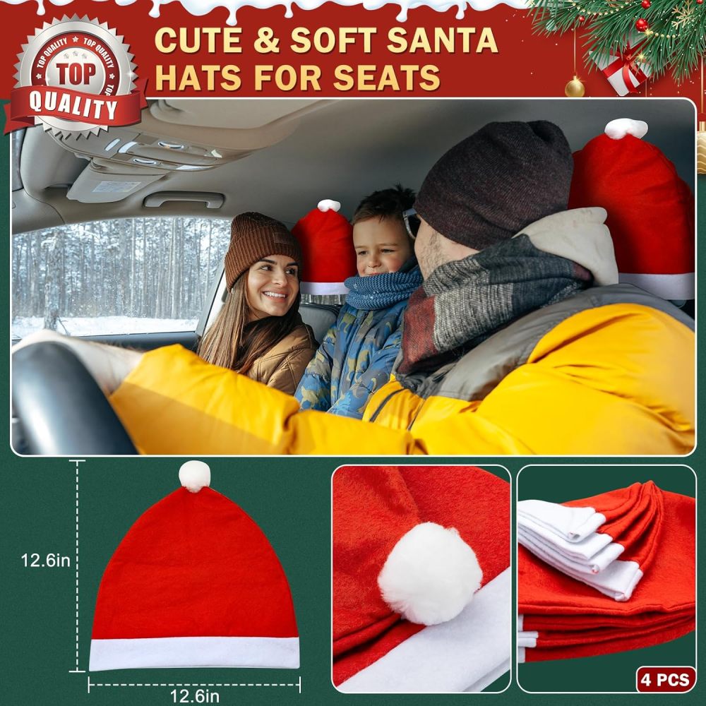 16.7 Inch Dark Brown Christmas Reindeer Car Kit - Christmas Reindeer Car Kit with 4 Adorable Car Seat Santa Hat, Christmas Decorations for Car Perfect for Various Car Models