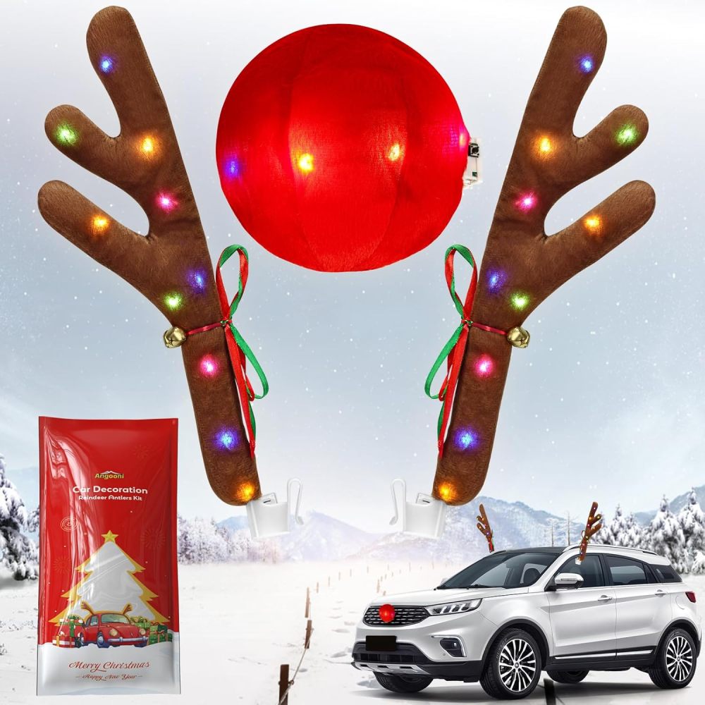 Charming Christmas Car Decoration, Festive Reindeer Car Kit, Car Reindeer Antlers & Nose, Christmas Lights for Car, Nice Gift for Families & Friends, Suitable for Jeeps, Trucks, Golf Carts...