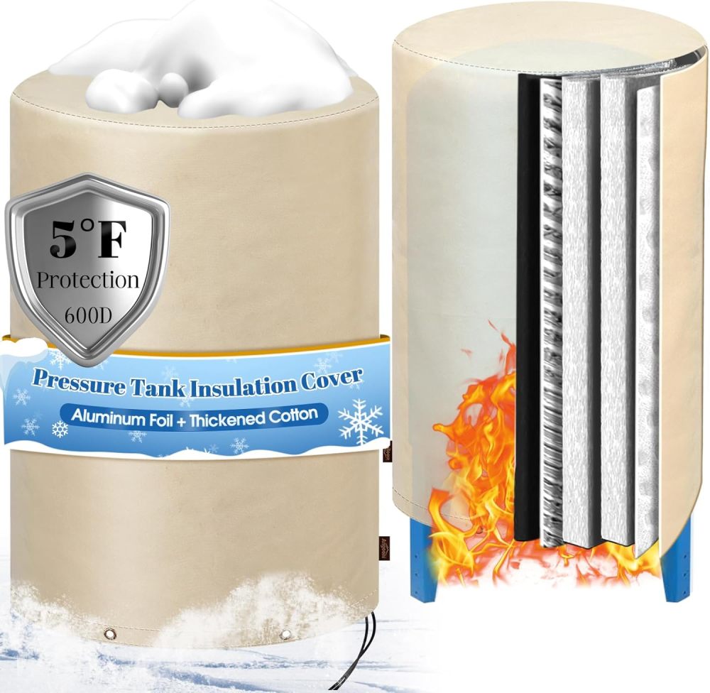 Insulated Well Pressure Tank Cover Aluminum Foil (5℉) - 28"Dia x 44"H Industrial 600D Outdoor Well Water Tank Insulation Blanket, Anti-UV Winter-Freeze Water Well Pump Cover, Beige