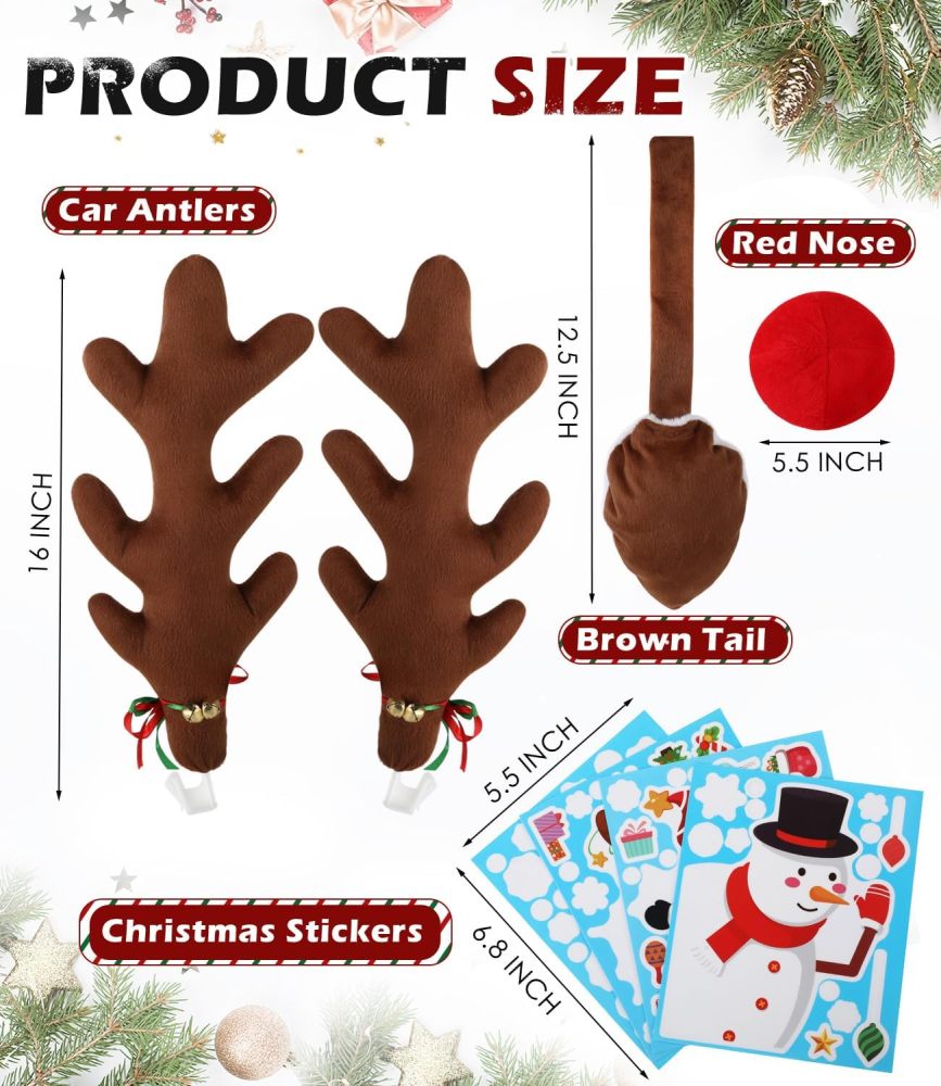 Branch-Shaped 16" Christmas Antlers for Car - Brown Christmas Reindeer Car Kit, Adorable Christmas Decorations for Car, Suitable for Jeeps, Trucks, Golf Carts..