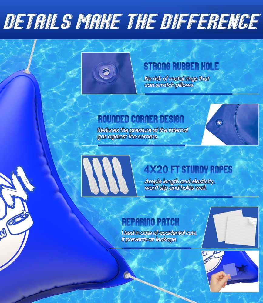 4’x4’ Heavy-Duty Pool Pillow with 4x20ft Ropes - 0.4mm Thick PVC Pool Pillows for Winter with Boston Dual-Inflation Valve, Cold-Resistant Pool Pillows for Above Ground Pools, No Leakage
