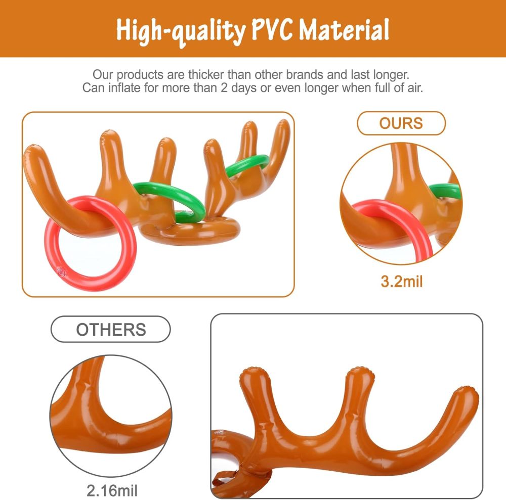 Inflatable Reindeer Antler Ring Toss Game for Christmas Party Supplies Xmas Target Game Toy for Kids & Adults (2 Version Choice; 2 Antlers & 16 Rings OR 4 Antlers & 24 Rings)