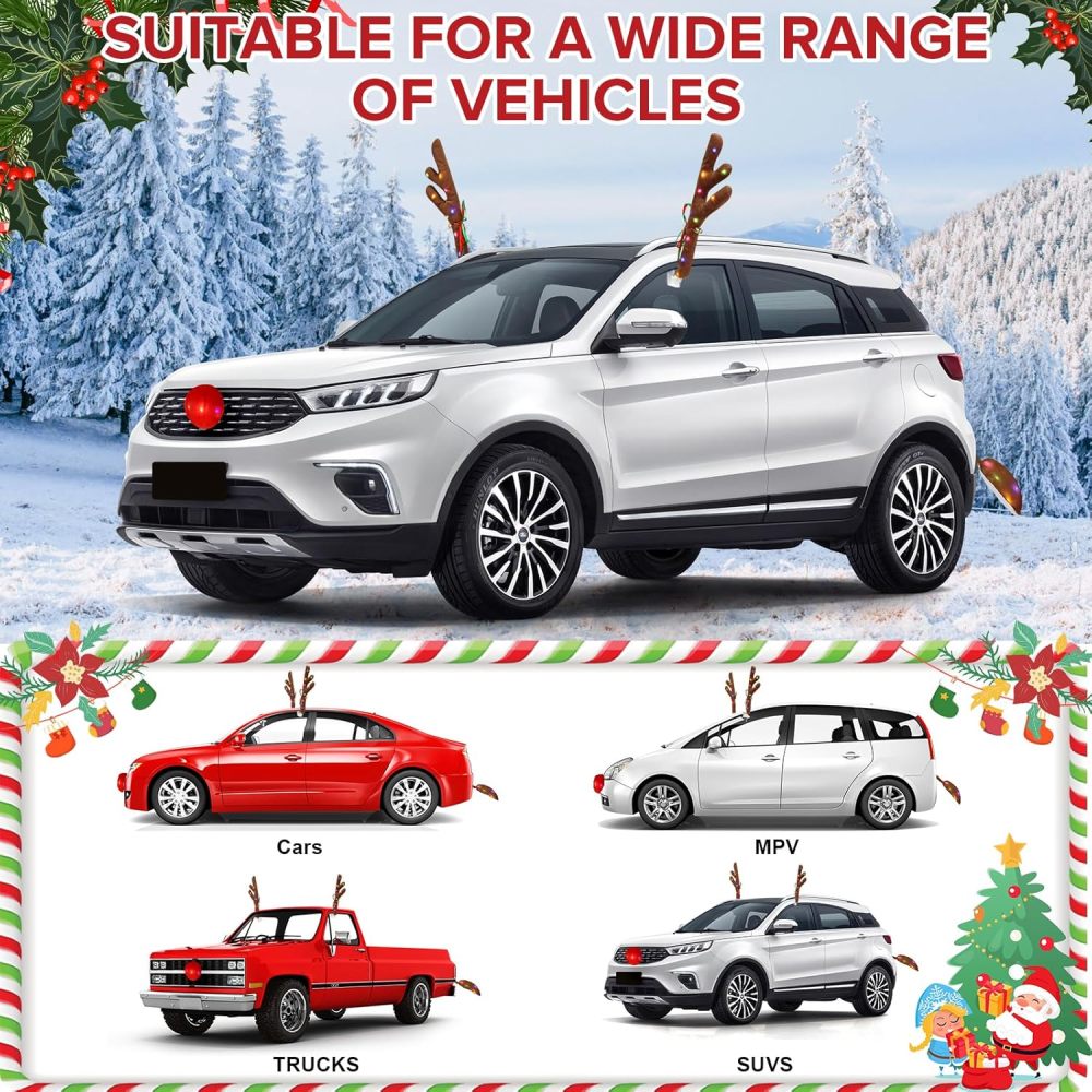 Charming Christmas Car Decoration, Festive Reindeer Car Kit, LED Reindeer Christmas Decoration for Car, Nice Gift for Families & Friends, Suitable for Jeeps, Trucks, Golf Carts...