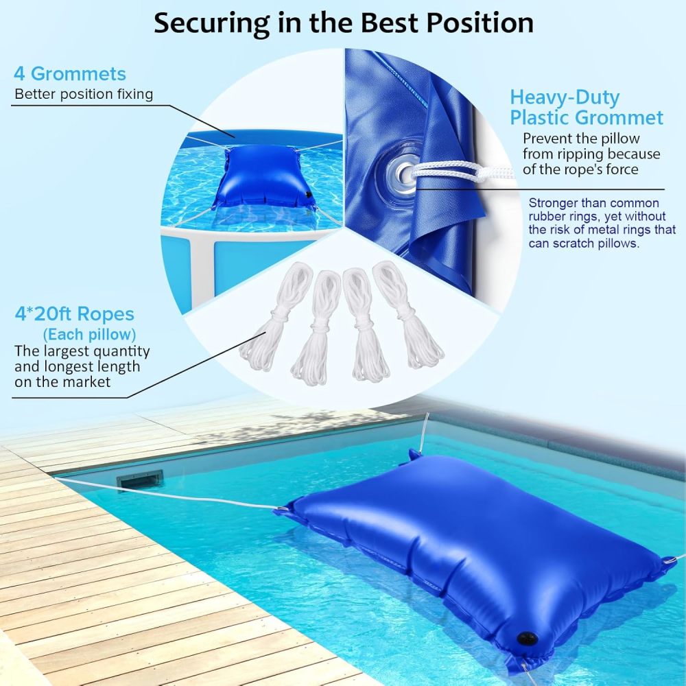 2pcs 4’x8’ Heavy-Duty Pool Pillow with 8x20ft Ropes - 0.4mm PVC Pool Pillows for Winter with Boston Dual-Inflation Valve, Cold-Resistant Pool Pillows for Above Ground Pools, No Leakage