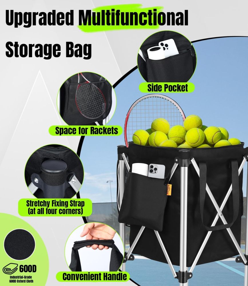 Professional Tennis Cart with Silent PU Wheels - 2 Capacity Choices (150-Ball/ 240-Balls) - Sturdy and Lightweight Tennis Ball Cart - Portable Tennis Balls Basket & Reliable Ball Carrier