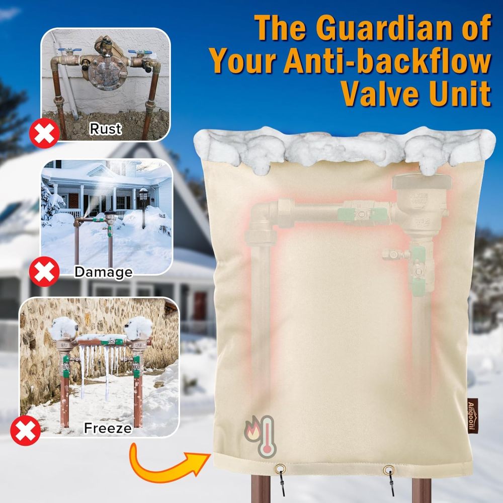 Upgraded Backflow Preventer Cover Aluminum Foil (5℉) - 14"W x 18"H Industrial 600D Winter Sprinkler Valve Covers for Outside, Anti-UV Winter-Freeze Sprinkler Backflow Cover, Beige