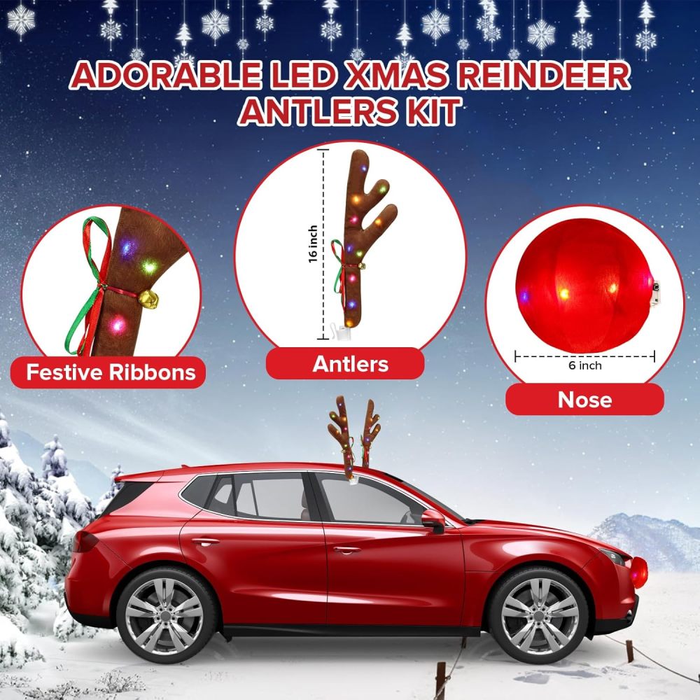 Charming Christmas Car Decoration, Festive Reindeer Car Kit, Car Reindeer Antlers & Nose, Christmas Lights for Car, Nice Gift for Families & Friends, Suitable for Jeeps, Trucks, Golf Carts...
