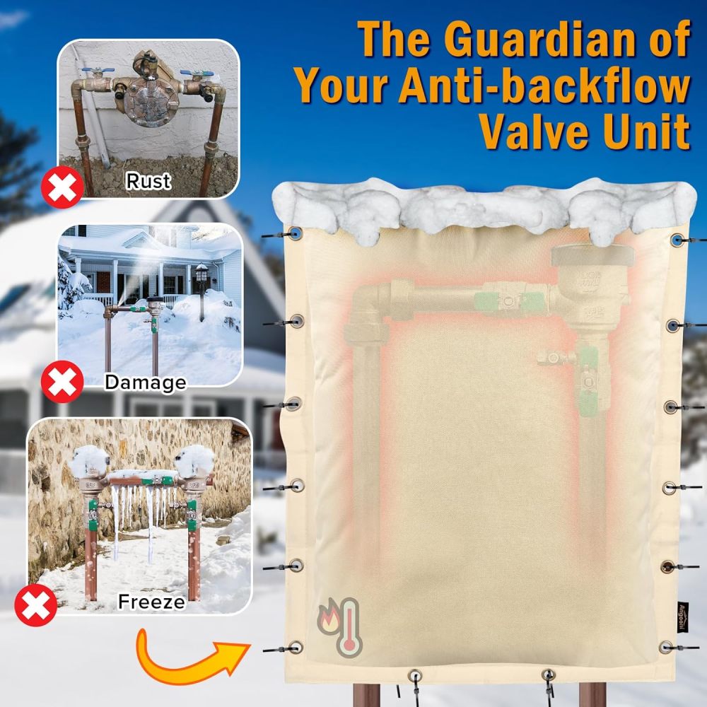 Upgraded 17" W x 20" H Backflow Insulation Cover Aluminum Foil (5℉) - 3-Way Opening Industrial 600D Winter-Freeze Backflow Covers for Outside, Anti-UV Water Well Pump Cover, Beige