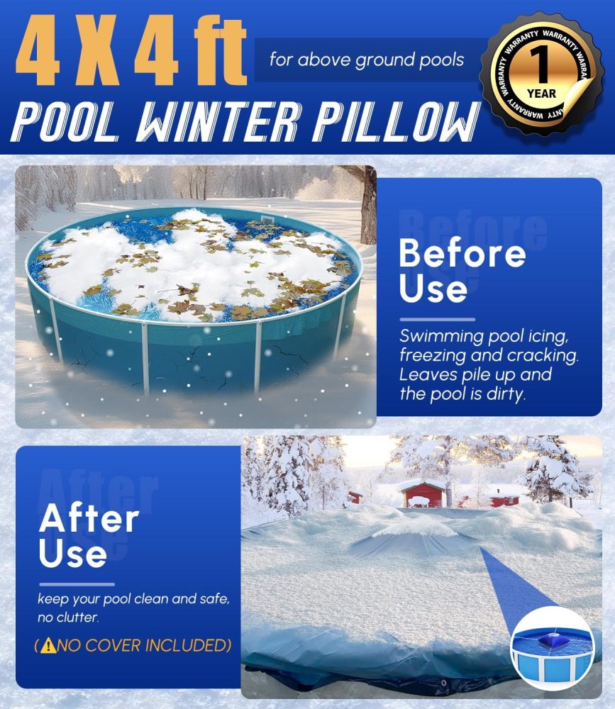 4’x4’ Heavy-Duty Pool Pillow with 4x20ft Ropes - 0.4mm Thick PVC Pool Pillows for Winter with Boston Dual-Inflation Valve, Cold-Resistant Pool Pillows for Above Ground Pools, No Leakage