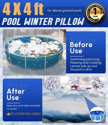 4’x4’ Heavy-Duty Pool Pillow with 4x20ft Ropes - 0.4mm Thick PVC Pool Pillows for Winter with Boston Dual-Inflation Valve, Cold-Resistant Pool Pillows for Above Ground Pools, No Leakage