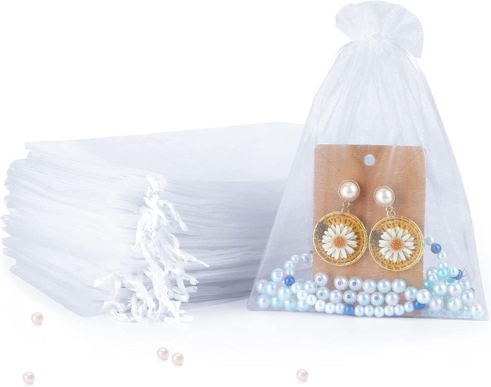 5x7 Inch White Organza Gift Bags, 100PCS Premium Sheer Mesh Drawstring Pouch for Jewelry Candy Party Wedding Favor